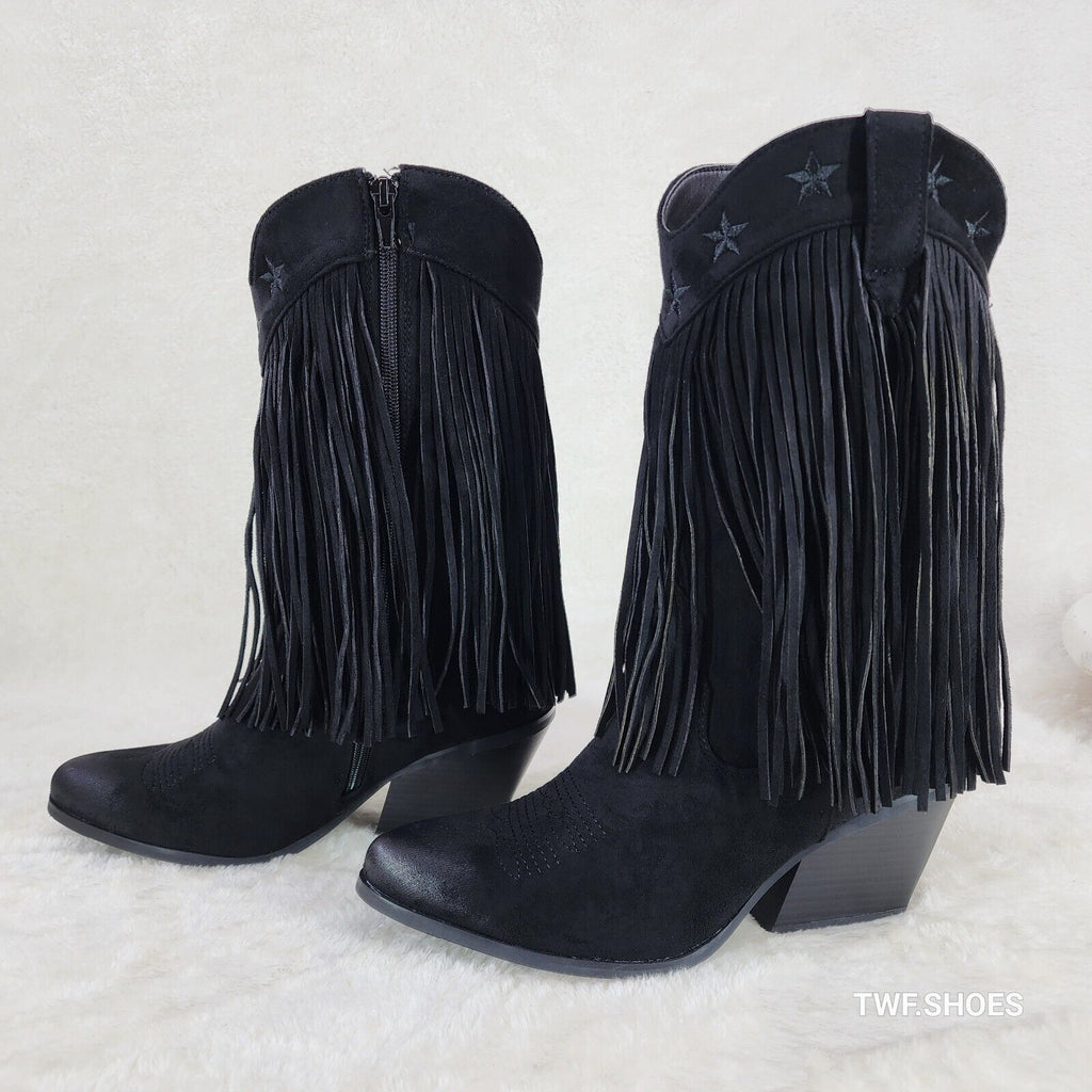 Dusty Trails Mid Calf Jet Black Fringe Country Western Cowgirl Boots - Totally Wicked Footwear