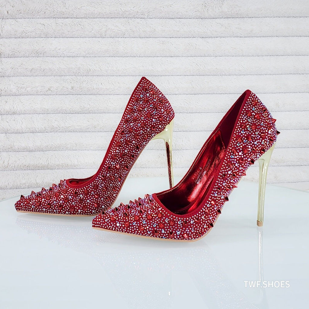 Wicked Sexy Spike Stud Iridescent Rhinestone High Heel Pump Shoes Red - Totally Wicked Footwear