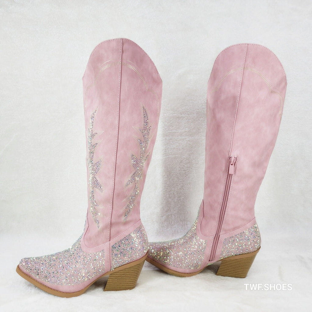 Annie Pink Leatherette With Rhinestones Country Glam Western Cowgirl Knee Boots - Totally Wicked Footwear