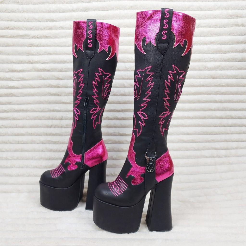 Free Your Soul Western Designed Platform Chunky Heel Knee Boots Festival Gothic - Totally Wicked Footwear