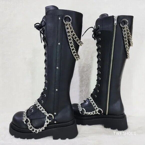 Renegade Lace Up Draped Chain Combat Knee High Boots Goth Punk Rocker Biker Boot - Totally Wicked Footwear