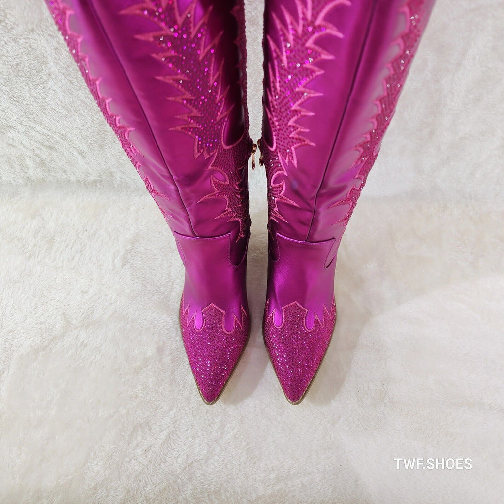 Flash Brush Metallic Matte Rhinestone Western Knee High Cowgirl Boots Hot Pink - Totally Wicked Footwear