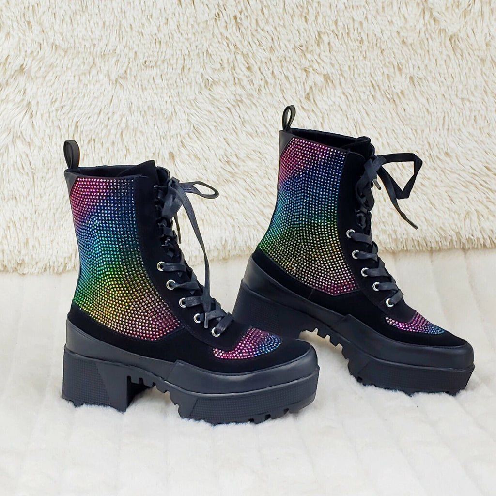 Queen Pin 2 Rainbow Rhinestone Lace Up Platform Combat Ankle Boots Restocked - Totally Wicked Footwear