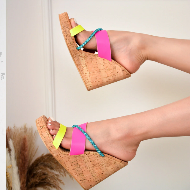 Xando Slip On Cork Wedge Slides Multi Size Triple Straps Neon Rhinestones - Totally Wicked Footwear