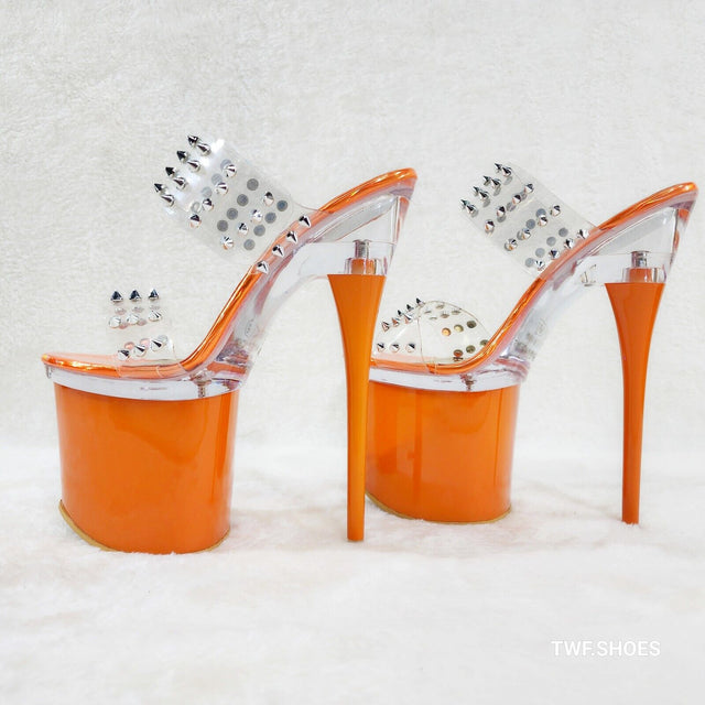 Bulls Sleek Slim 8" Towering Platform Heels Orange Double Clear Spiked Straps - Totally Wicked Footwear