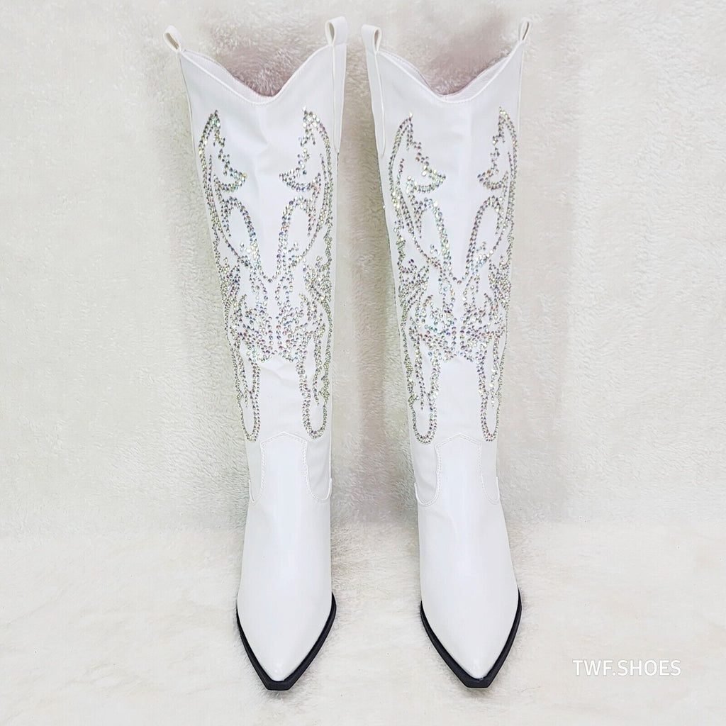 Razzle White Country Western Cowgirl Knee Boots Rhinestone Dazzle - Totally Wicked Footwear