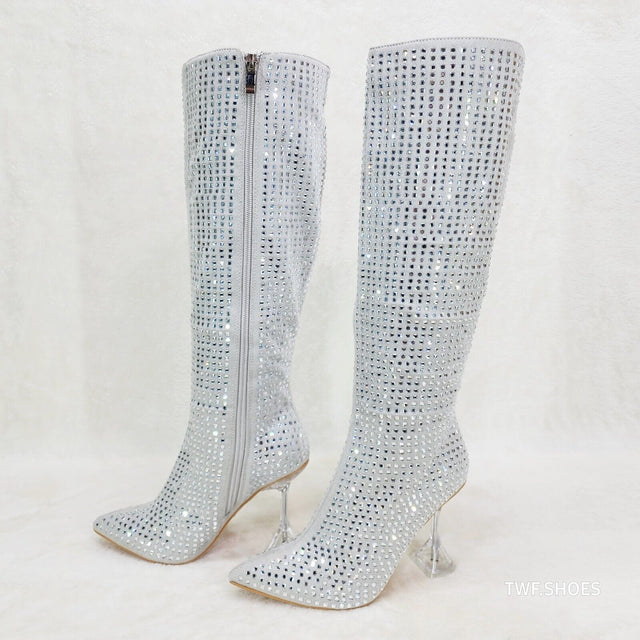 Glamour Shot Mirrored Rhinestone 4" Pyramid Heel Knee Boots Silver Gray - Totally Wicked Footwear