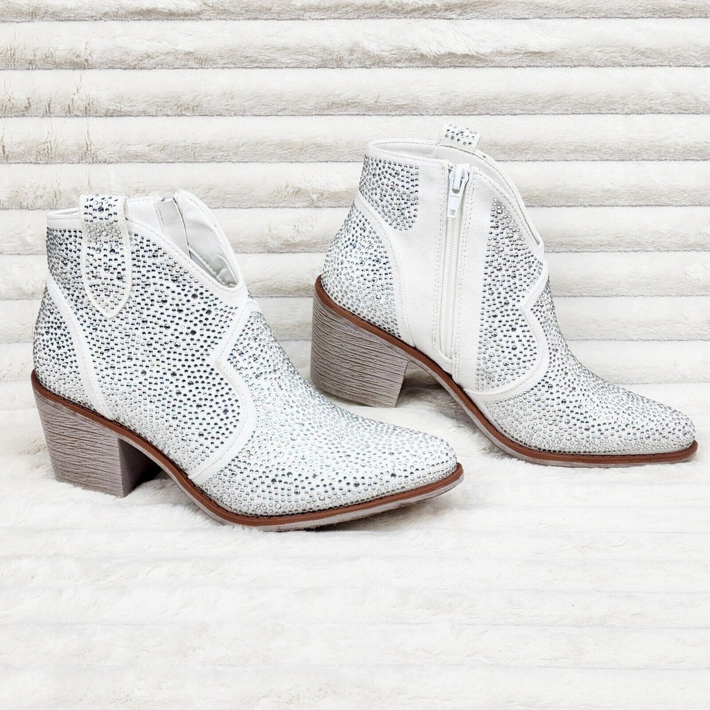 Wild Ones White Glamour Cowboy Rhinestone Cowgirl Ankle Booties Boots - Totally Wicked Footwear
