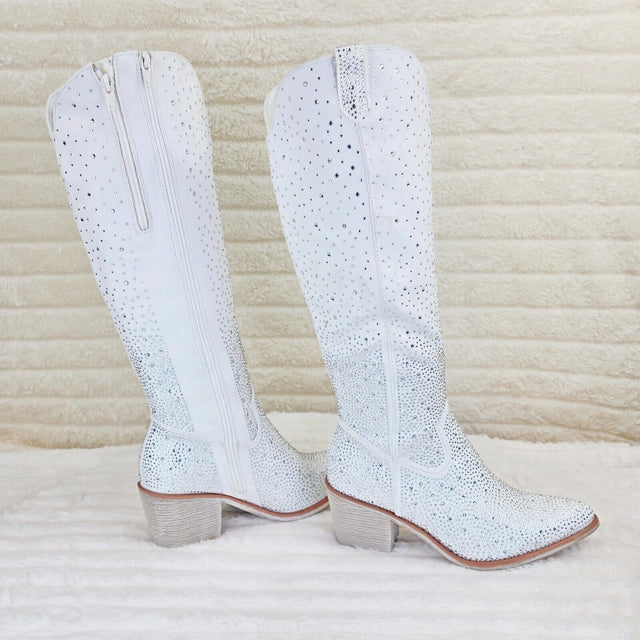 Wild Ones White Glamour Cowboy Rhinestone Cowgirl Wedding Knee Boots Tuck Zip - Totally Wicked Footwear