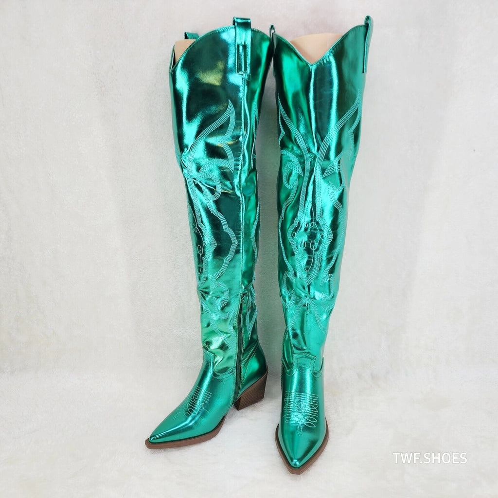 Country Disco Cowboy Metallic Green Western Cowgirl OTK Thigh Boots - Totally Wicked Footwear