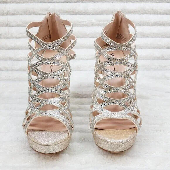 SELENE 4.5" High Heel Platform Shoe Cutout Cage Rhinestones Shimmery Champagne - Totally Wicked Footwear