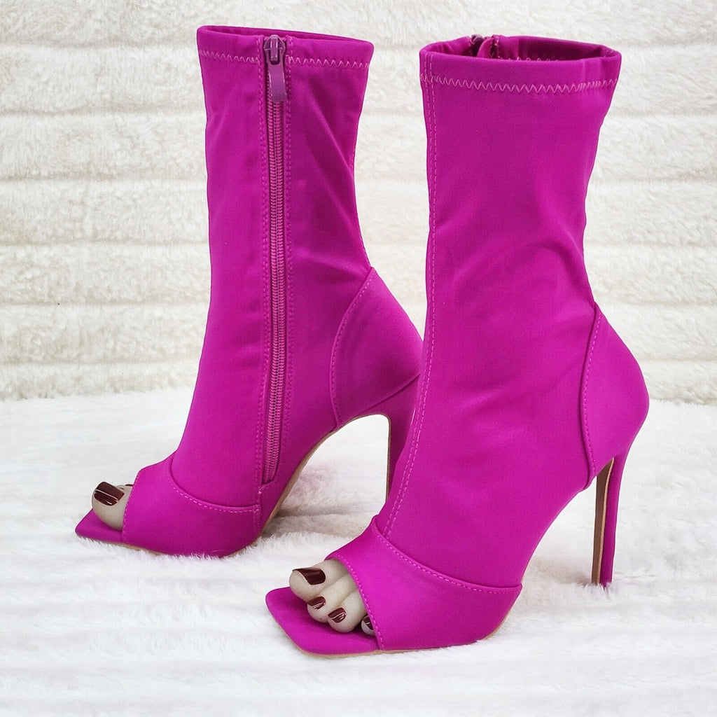Bold Bright Fuchsia Pink Stretch Square Open Toe High Heel Ankle Boots - Totally Wicked Footwear