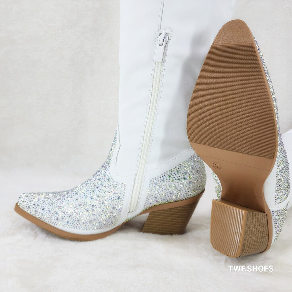 Annie White Leatherette With Rhinestones Country Glam Western Cowgirl Knee Boots - Totally Wicked Footwear