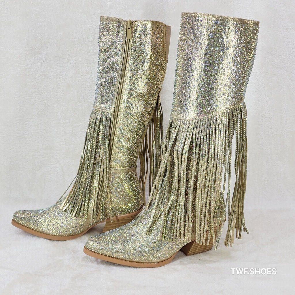 Western Diva Gold Asymmetrical Fringe Rhinestone Glam Cowgirl Boots - Totally Wicked Footwear