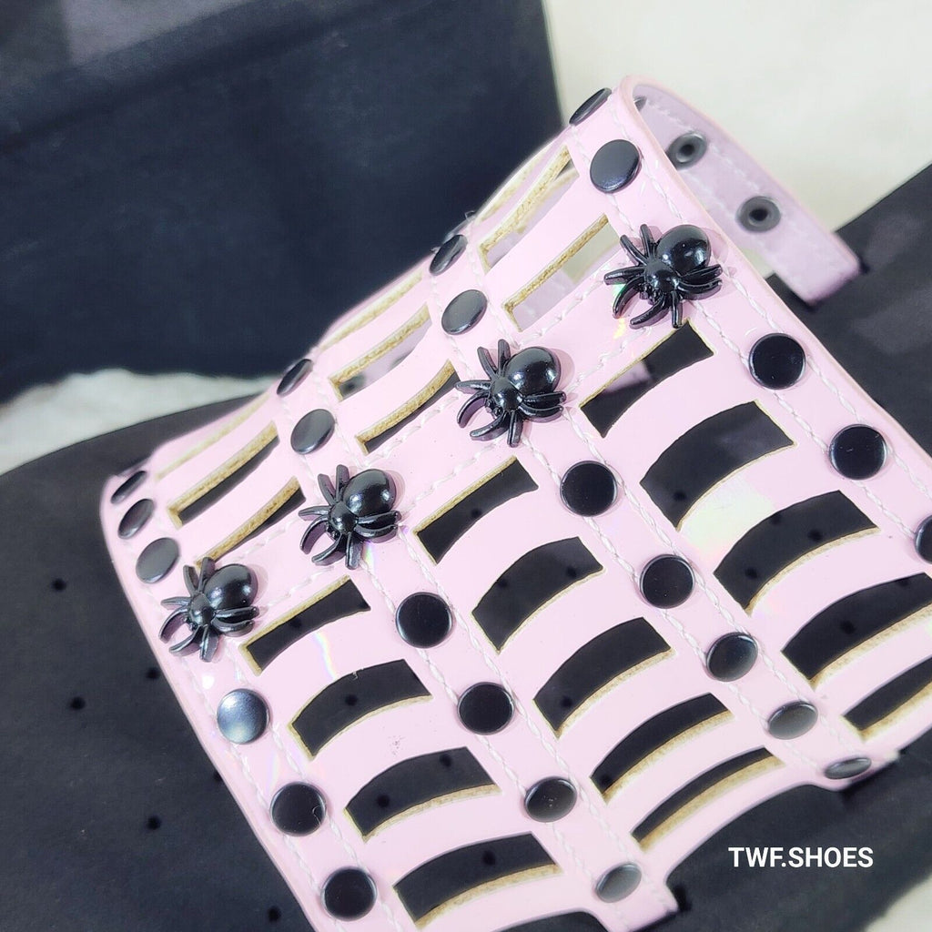 Funn Platform Goth Cut Out Web Sandals Spider Studs Slip On Shoes Pink Hologram - Totally Wicked Footwear