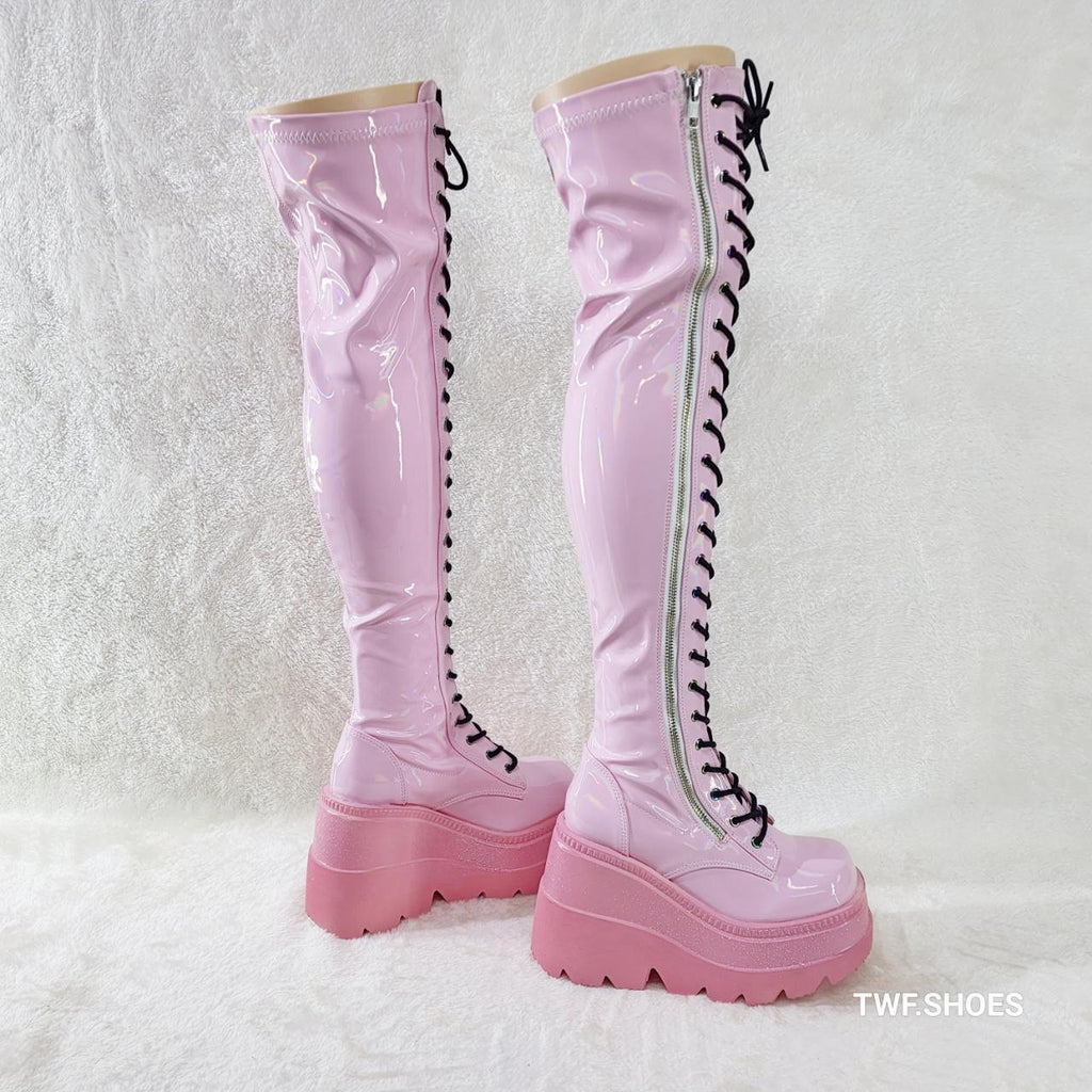 Shaker 374 Pink Patent Platform 4.5" Wedge Heel Over The Knee Boots NY DEMONIA - Totally Wicked Footwear