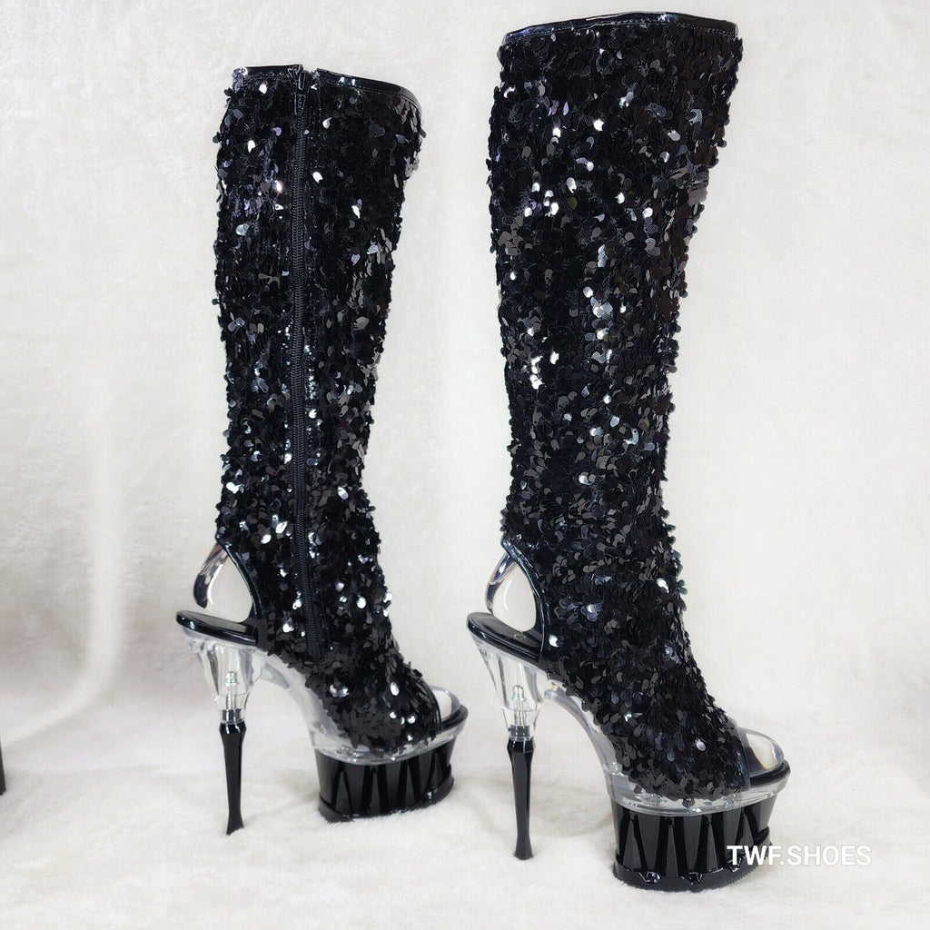 Pleaser Spiky Black Sequin Knee Boots Spiked Design Platform - Totally Wicked Footwear