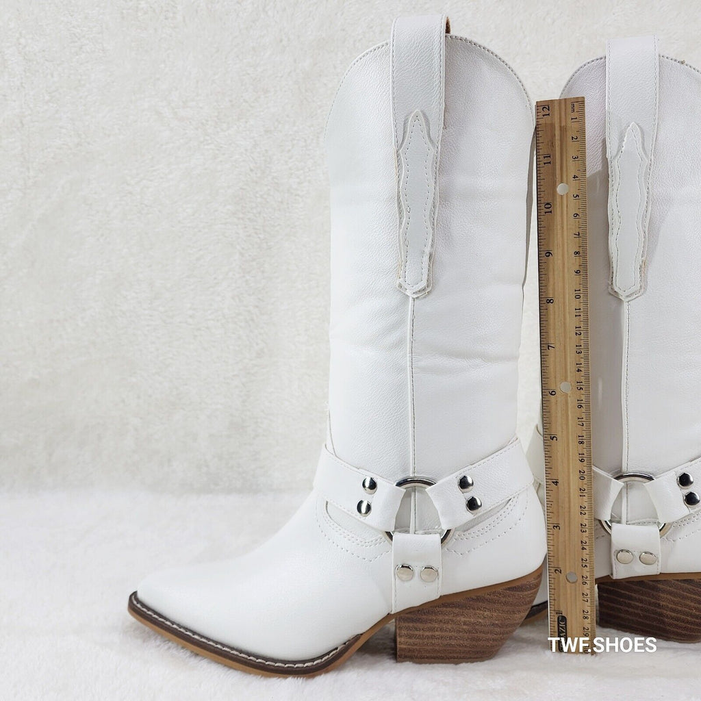 Western Rider Cut Harness White Leatherette Cowboy Pull On Country Cowgirl Boots - Totally Wicked Footwear