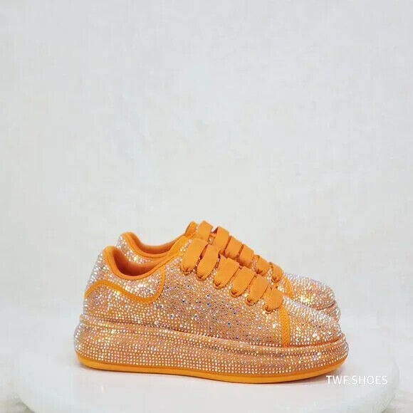 Dazzle Cush Orange Rhinestone Comfy Platform Sneakers Tennis Shoes - Totally Wicked Footwear