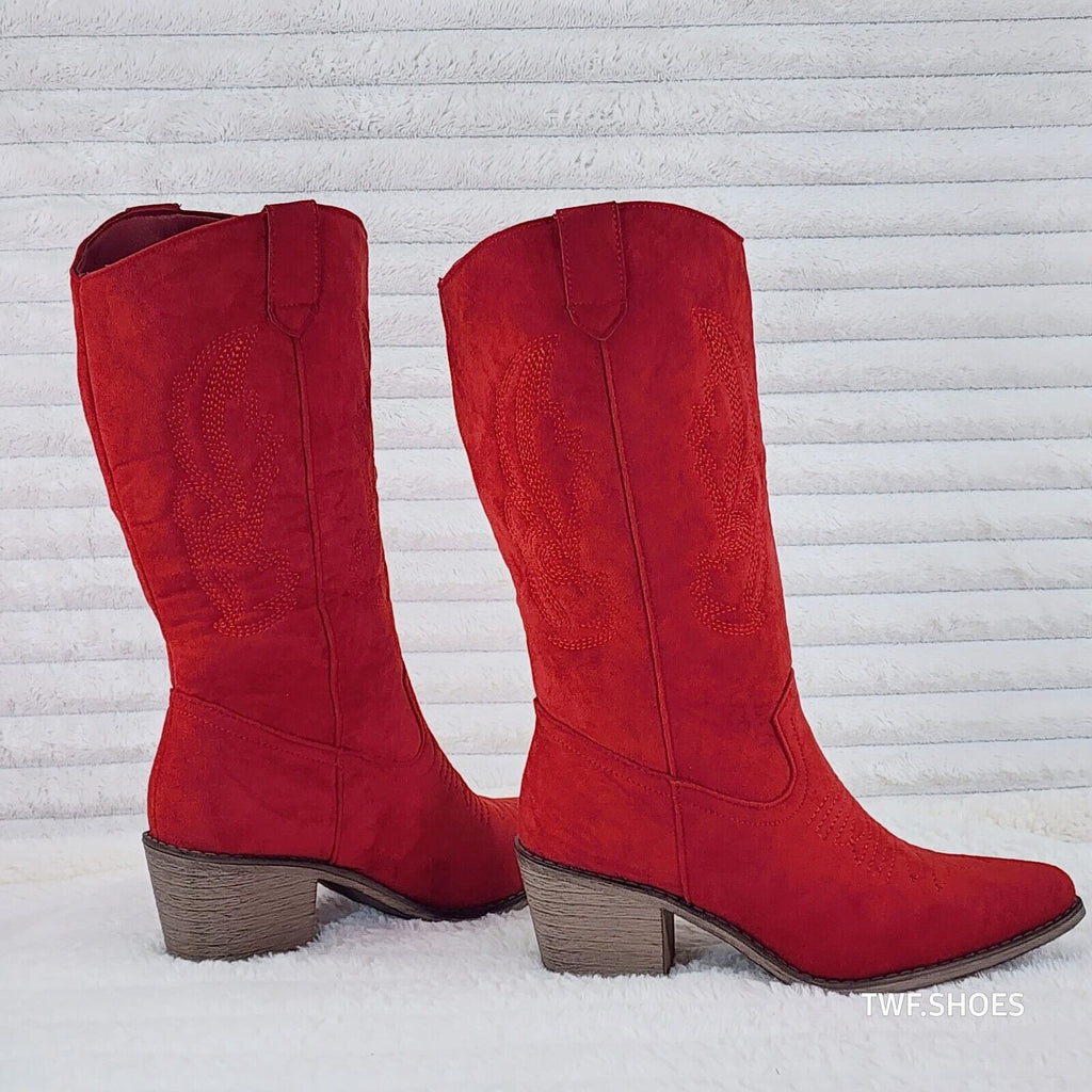 Wild Ones Red Faux Suede Pull On Mid Calf Cowboy Cowgirl Boots - Totally Wicked Footwear