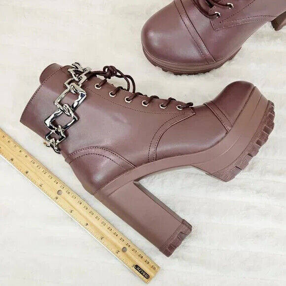 Flex Chunky Block Heel Light Weight Ankle Boots Square Chain Link Mocha Brown - Totally Wicked Footwear