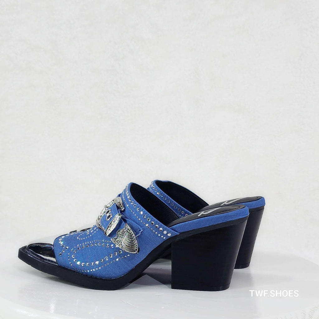 Vive Western Slip On Mules Blue Denim Rhinestones Metal Toe Guard Design - Totally Wicked Footwear