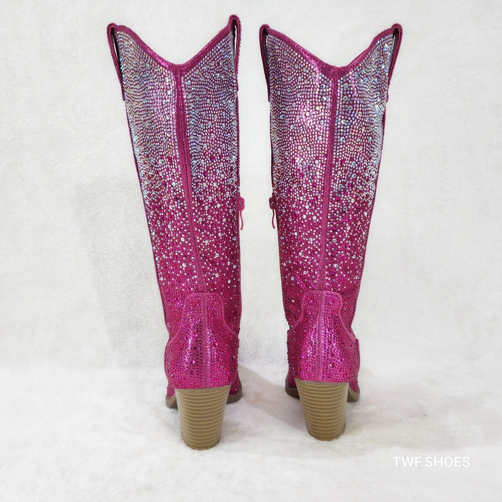 Wild One Glamour Cowboy Fuchsia Hot Pink / Silver Ombre Rhinestone Cowgirl Boots - Totally Wicked Footwear