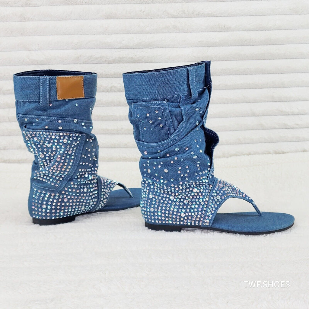 Perplex Denim & Rhinestones Sandal Slouch Boots Shooties - Totally Wicked Footwear