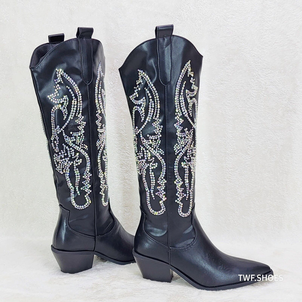 Razzle Black Country Western Cowgirl Knee Boots Rhinestone Dazzle - Totally Wicked Footwear