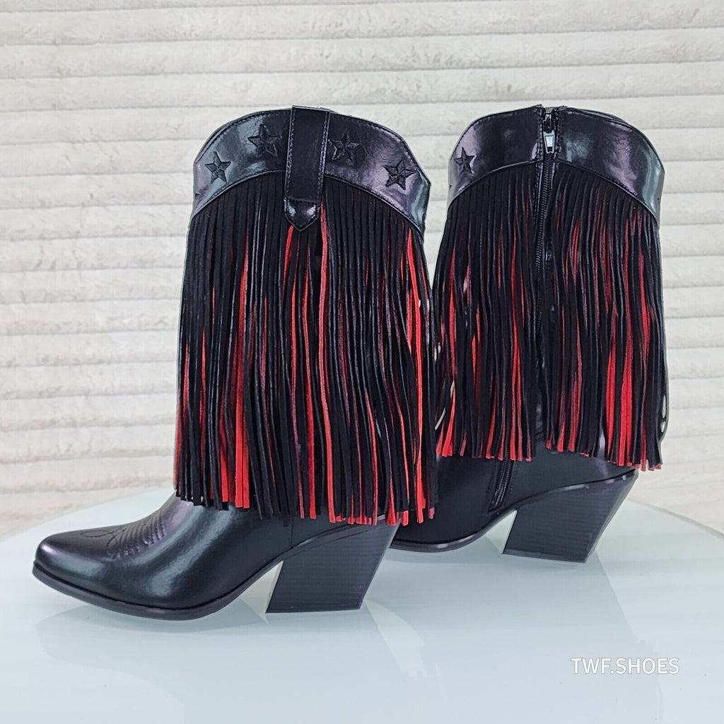 Dusty Roads Mid Calf Black and Red Fringe Country Western Cowgirl Boots - Totally Wicked Footwear