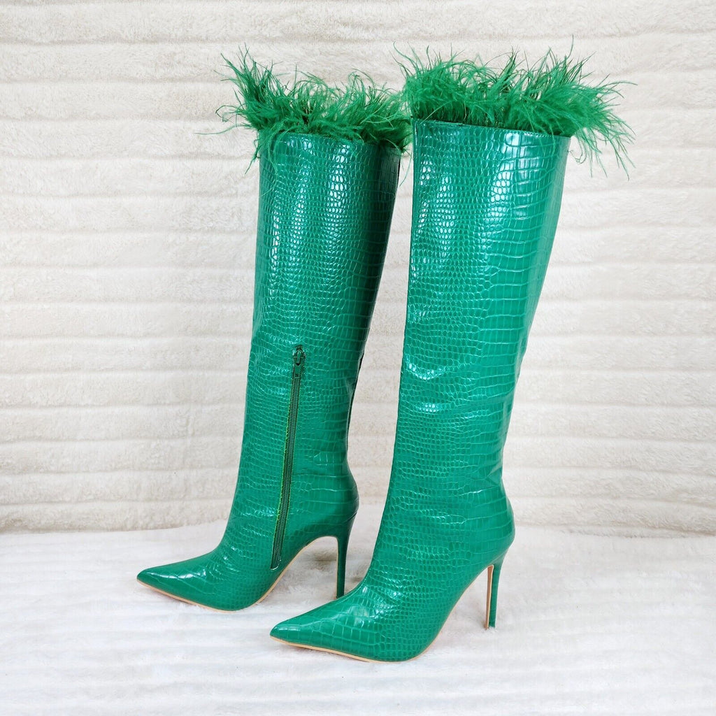 Flirty Green Snake Texture Knee High Heel Stiletto Boots Sexy Feather Top - Totally Wicked Footwear