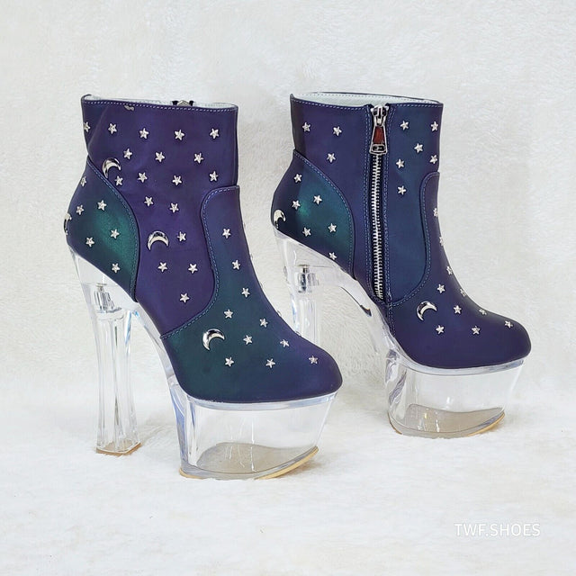 Ocho Purple Multi Reflective Ankle Boots Clear Platform & Chunky Heels Moon Star - Totally Wicked Footwear