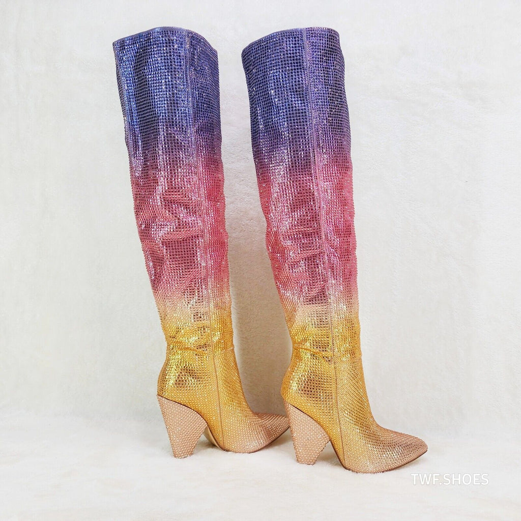 Vegas Gold Ombre Rhinestone OTK Thigh boots 4.25" Heels Party Boots Pink Purple - Totally Wicked Footwear