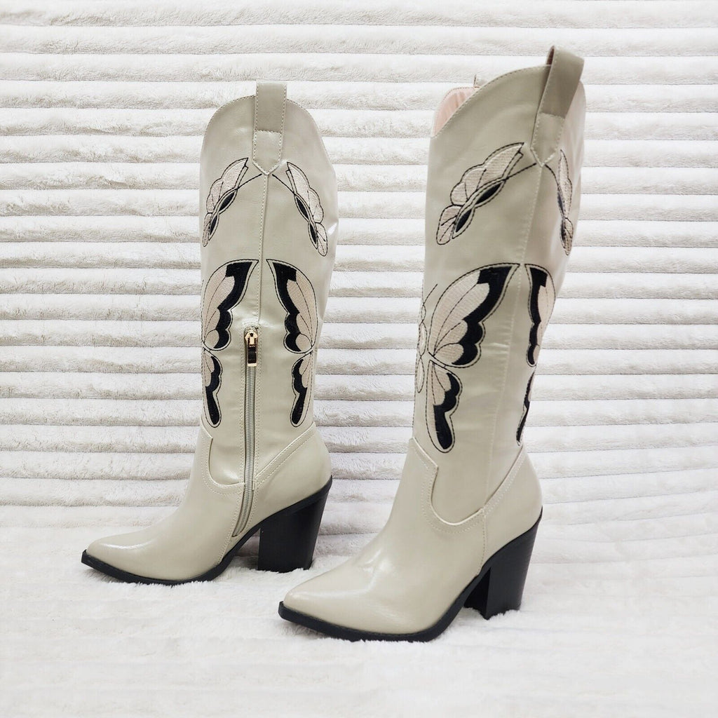 Butterfly Kisses Embroidered Beige Western Knee High Cowgirl Boots - Totally Wicked Footwear