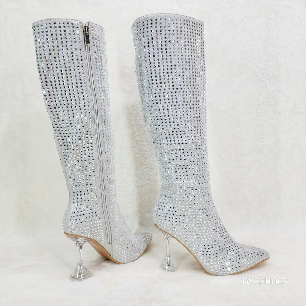 Glamour Shot Mirrored Rhinestone 4" Pyramid Heel Knee Boots Silver Gray - Totally Wicked Footwear