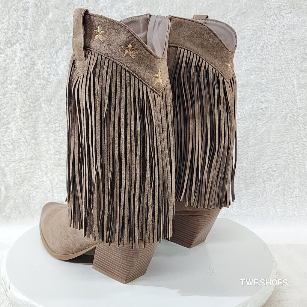 Dusty Mid Calf Coco Taupe Fringe Country Western Cowgirl Boots - Totally Wicked Footwear