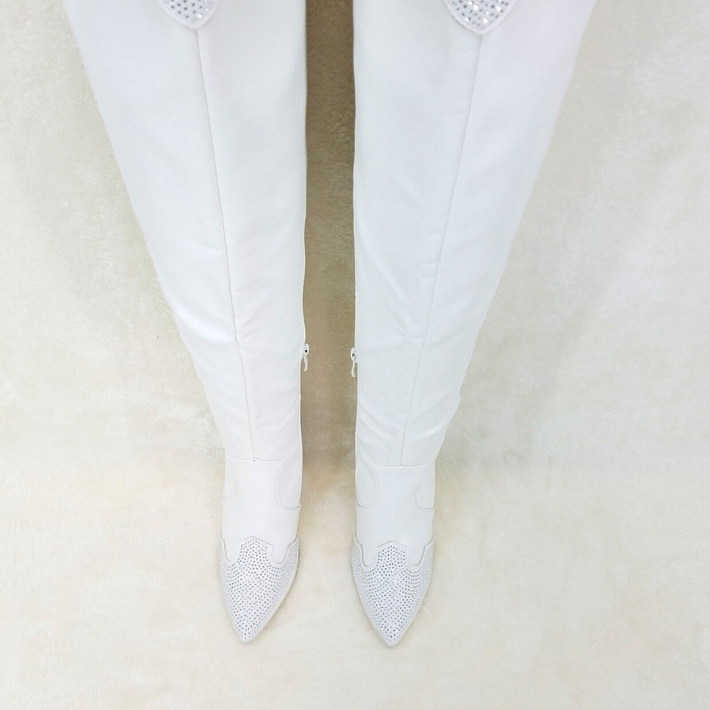 Primal Country Western Sexy White OTK Thigh Boots With Rhinestone Trims - Totally Wicked Footwear