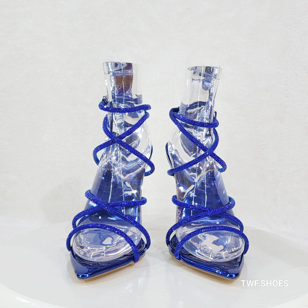 Party Town Blue Metallic Strappy Rhinestone Pointy Toe High Heels - Totally Wicked Footwear