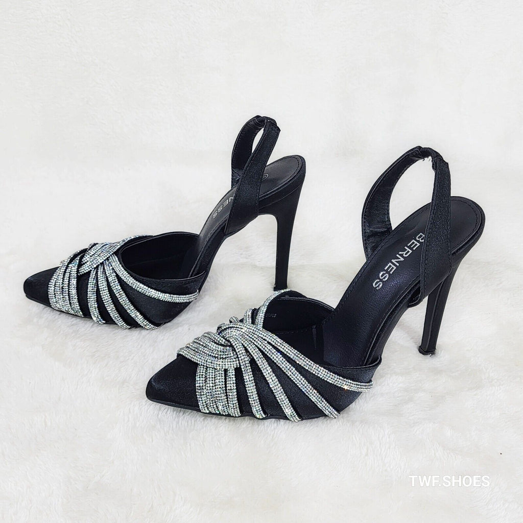 Elegance Slip on Slingback Black Satin Rhinestone Pointy Toe High Heels Shoes - Totally Wicked Footwear