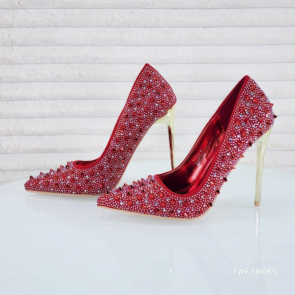 Wicked Sexy Spike Stud Iridescent Rhinestone High Heel Pump Shoes Red - Totally Wicked Footwear