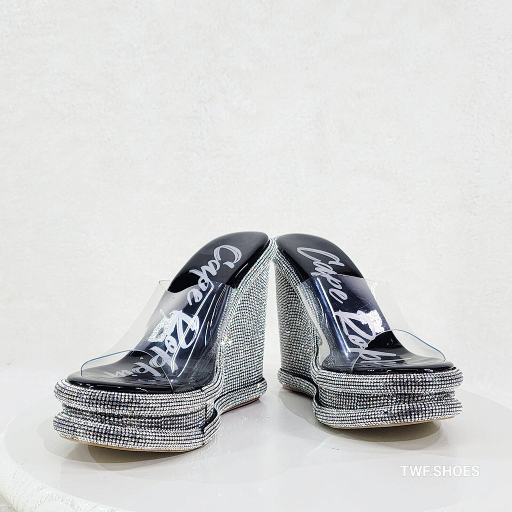 Zesty Black Silver Rhinestone Platform Wedge Heel Slip On Sandals - Totally Wicked Footwear