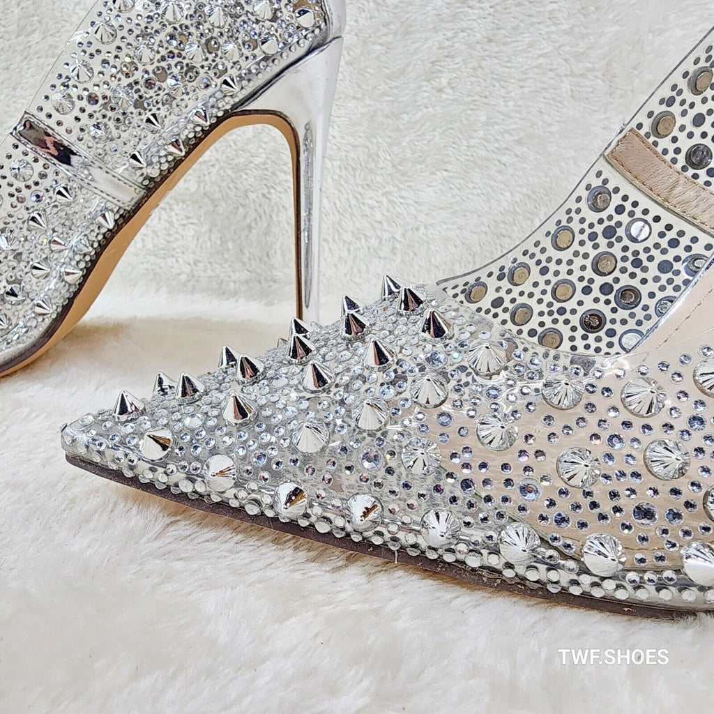 Spicy Stiletto PVC Clear Pumps Silver Studs & Rhinestone Pumps Stiletto Heels - Totally Wicked Footwear