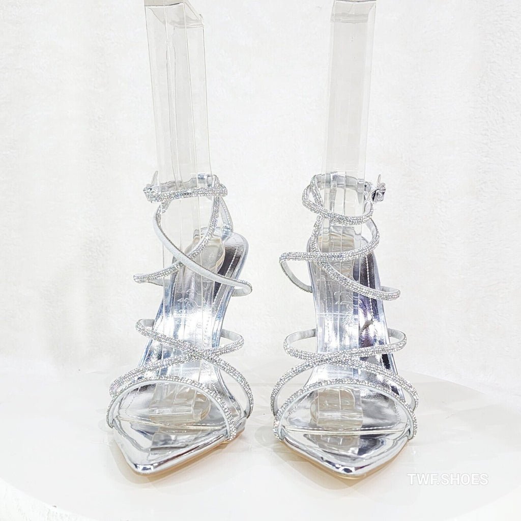 Party Town Silver Metallic Strappy Rhinestone Pointy Toe High Heels - Totally Wicked Footwear