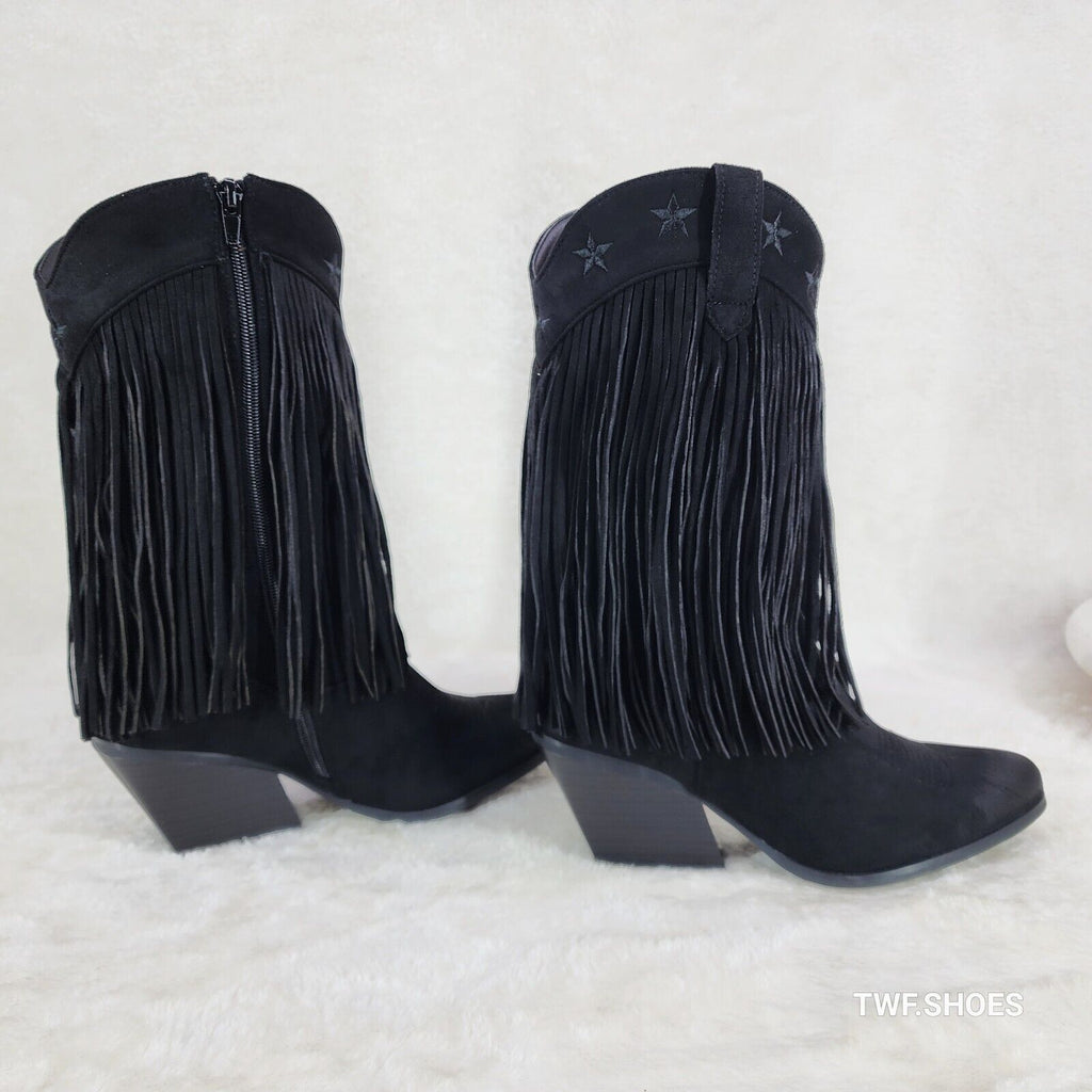 Dusty Trails Mid Calf Jet Black Fringe Country Western Cowgirl Boots - Totally Wicked Footwear