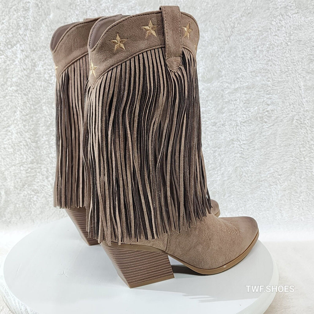 Dusty Mid Calf Coco Taupe Fringe Country Western Cowgirl Boots - Totally Wicked Footwear