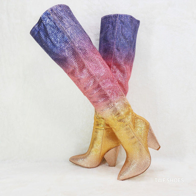 Vegas Gold Ombre Rhinestone OTK Thigh boots 4.25" Heels Party Boots Pink Purple - Totally Wicked Footwear