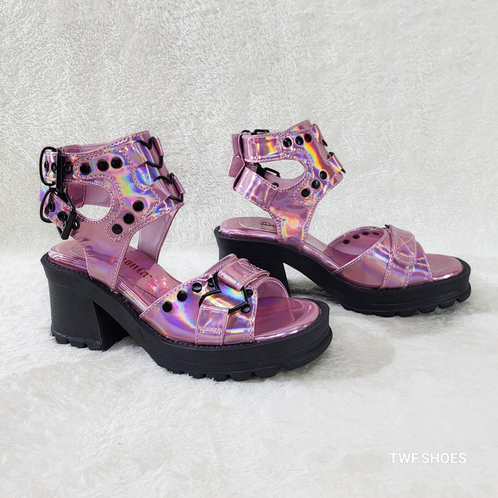 Bratty Pink Hologram Block Heel Goth Punk Platform Sandals In House NY DEMONIA - Totally Wicked Footwear