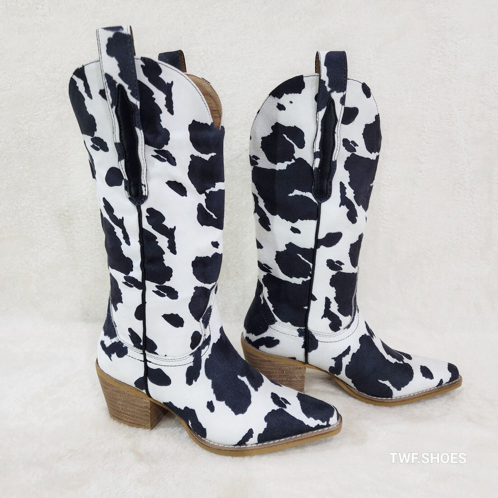 Western Rancher Faux Suede Black White Cow Print Cowboy Pull On Cowgirl Boots - Totally Wicked Footwear