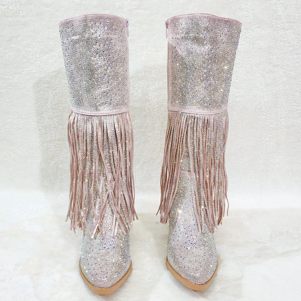 Western Diva Baby Pink Asymmetrical Fringe Rhinestone Glam Cowgirl Boots - Totally Wicked Footwear