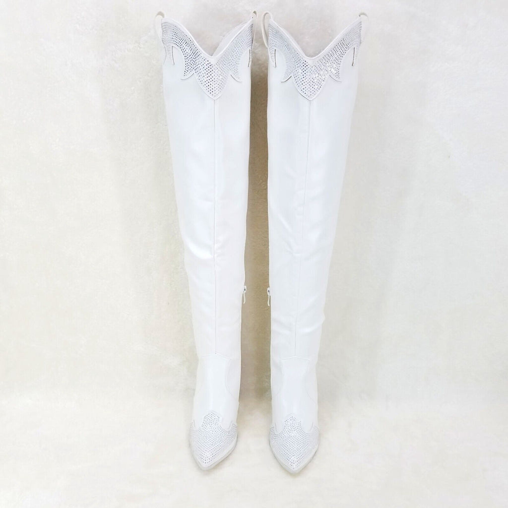 Primal Country Western Sexy White OTK Thigh Boots With Rhinestone Trims - Totally Wicked Footwear
